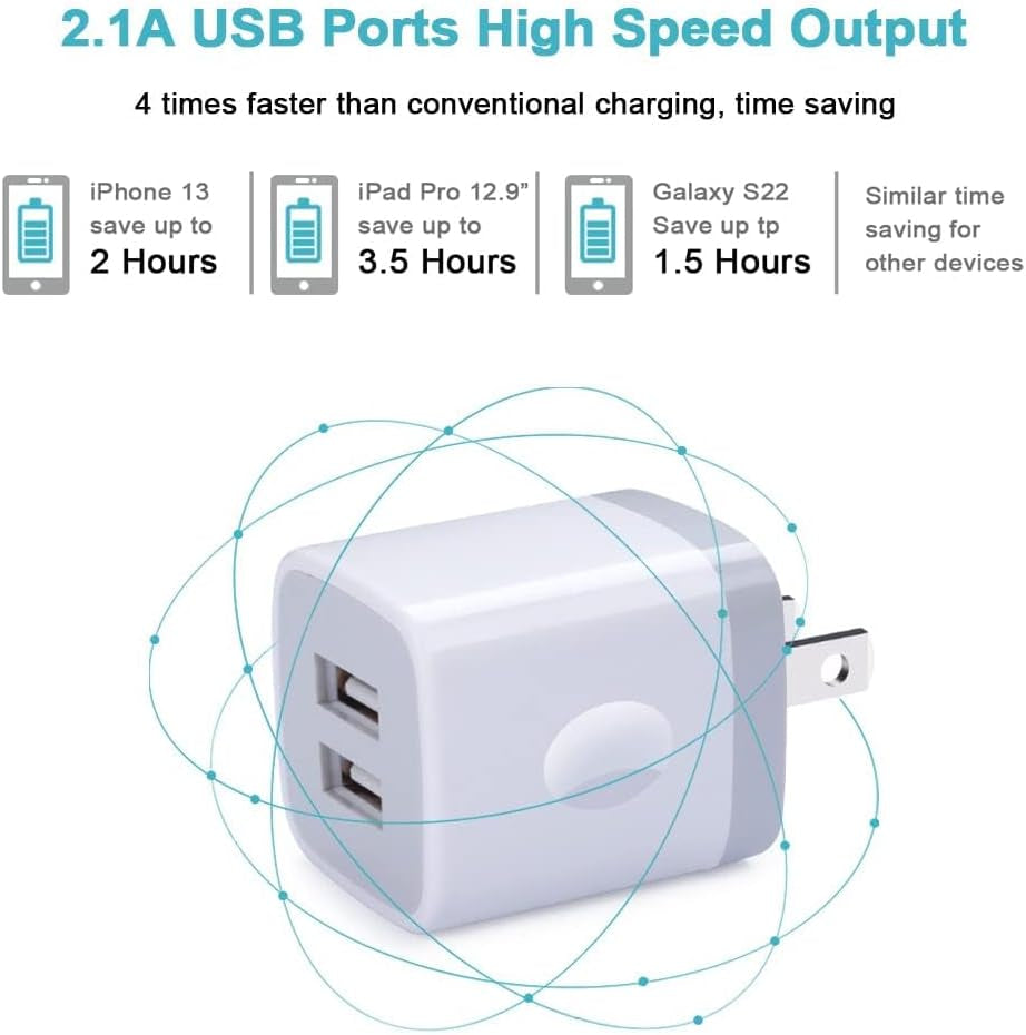 Charger Block, USB Wall Charger, Double USB Fast Charging Cube Block Charger Box, 2.1A Phone Charger Power Adapter 3 Pack for Iphone 15 14 13 12 11 Pro Max XS XR X 8 7 6 Samsung Galaxy S23 A14 Note 20