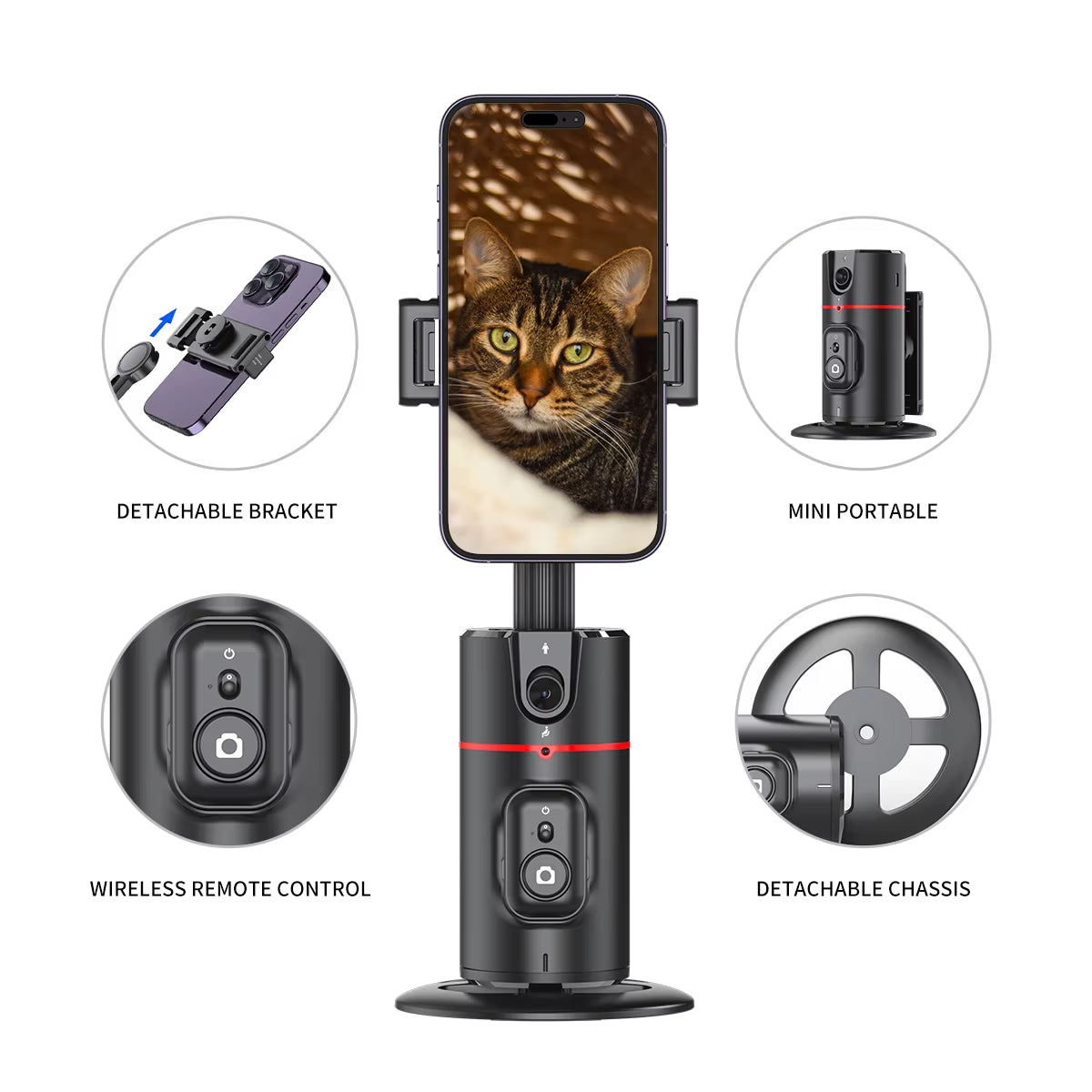 P02 Gimbal 360 Rotation AI Automatic Tracking Shooting Stabilizer Detachable Phone Clip Mini Selfie Stick Phoneholder