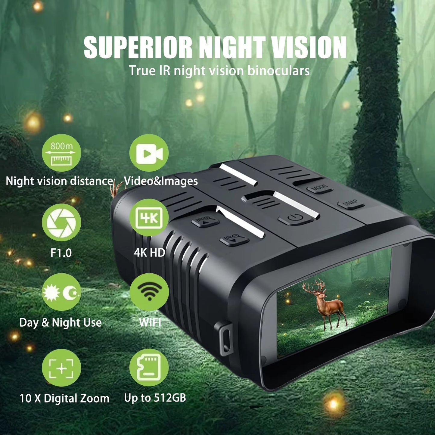 4K Night Vision Binocular Device 10X Digital Zoom Full Dark 800M Infrared Wifi Telescope for Hunting Camping Video Record