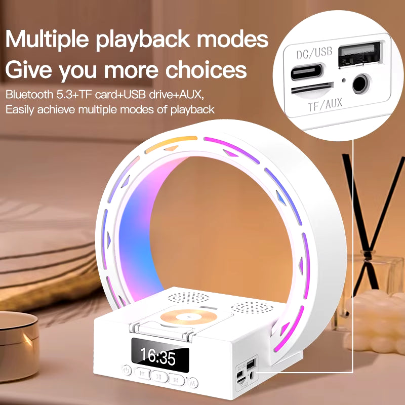 Trending Products 2024 New Arrivals Smart 15W Wireless Charger BT Speakers with Alarm Clock Led Lighting Decoration for Bedroom