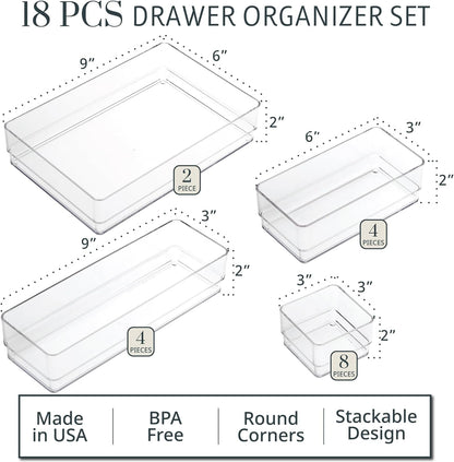 Simplesort 18-Piece Stackable Clear Drawer Organizer Set | Multi-Size Trays | Makeup Vanity Storage Bins and Office Desk Drawer Dividers | Made in USA